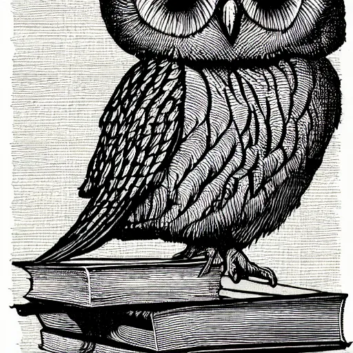 Prompt: an owl perched on a stack of books, art by james o barr and albrecht durer, woodblock print, black and white, vector