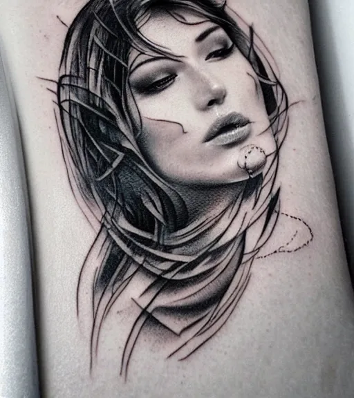 Image similar to tattoo design sketch of a beautiful woman face with a faded background of beautiful nature on her side, hyper - realistic, in the style of den yakovlev, amazing detail, black and white