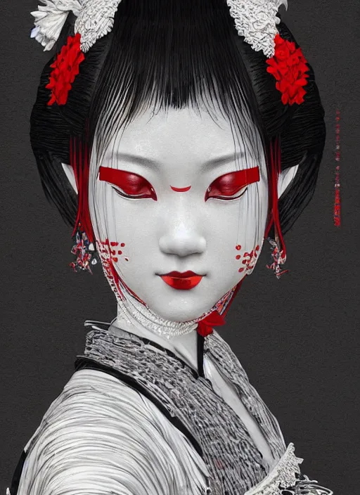 Image similar to maiko hungry, fluent composition, red white and black, concept art, ambient light, 4 k, intricate details, highly professionally detailed, cgsociety, highly detailed -