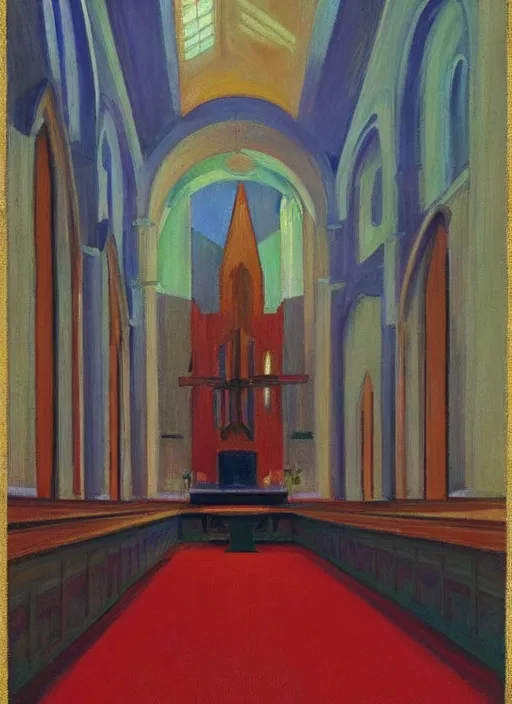 Prompt: a church interior with neon lights painted by Edward Hopper
