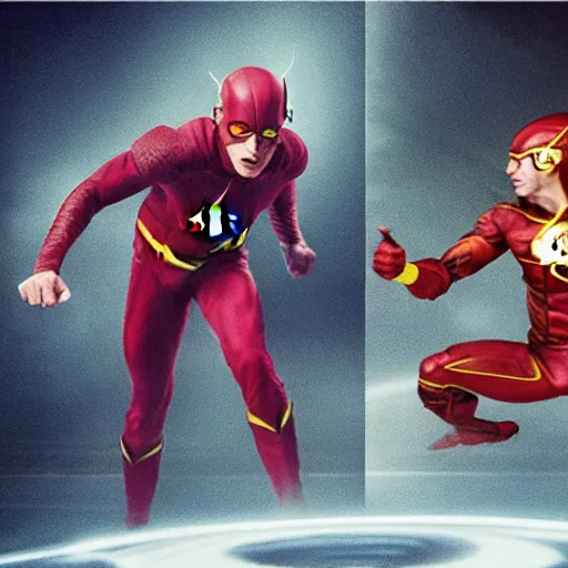 Image similar to a duel between warner and ezra miller as flash ( right ), in space, shot on alexa, trending on hollywood reporter