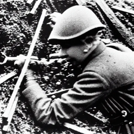 Prompt: photo of queen elizabeth ii fighting in the trenches in ww 1