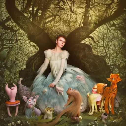 Image similar to by laura makabresku, by jason pearson, by mat collishaw defined claymation. a beautiful performance art of princess aurora singing in the woods while surrounded by animals. she looks so peaceful & content in the company of the animals, & the colors are simply gorgeous.