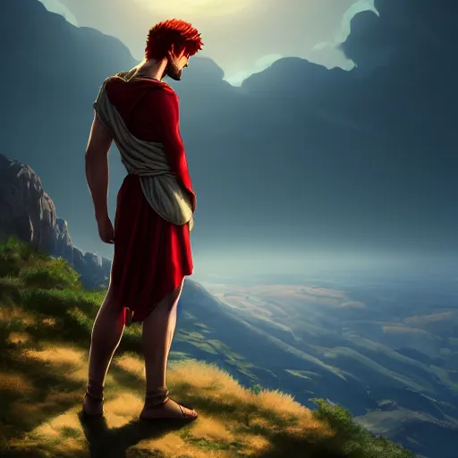 Image similar to young roman man with red hair in a tunic standing on a ridge in greece 4 k, concept art, by wlop, ilya kuvshinov, artgerm, krenz cushart, greg rutkowski, pixiv. cinematic dramatic atmosphere, sharp focus, volumetric lighting, cinematic lighting, studio quality