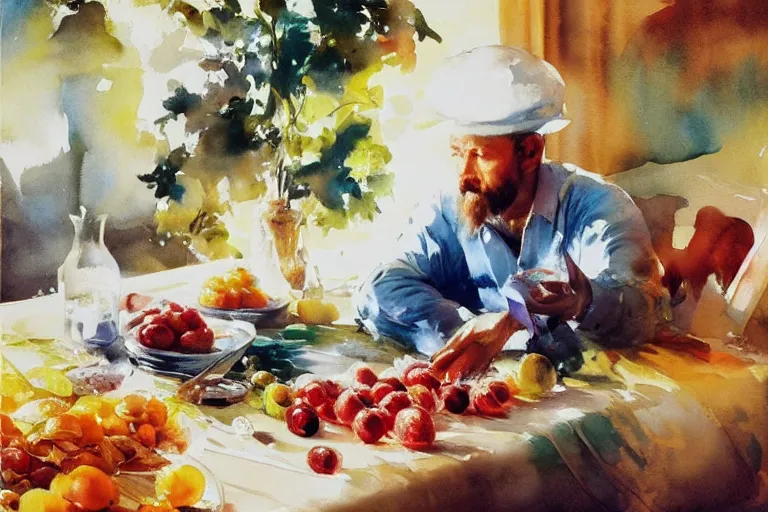 Image similar to paint brush strokes, abstract watercolor painting of colorful fruits, table cloth, art by hans dahl, by jesper ejsing, art by anders zorn, wonderful masterpiece by greg rutkowski, cinematic light, american romanticism by greg manchess, creation by tyler edlin