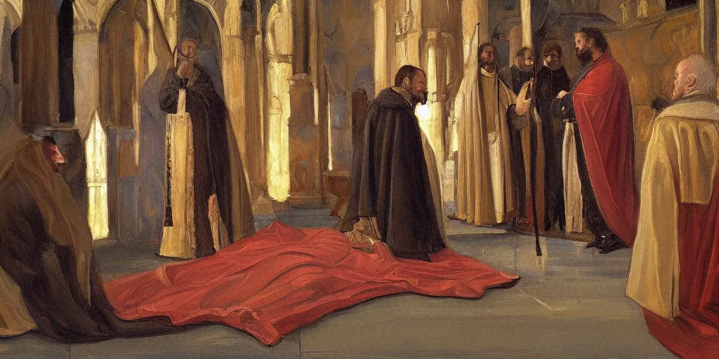 Prompt: photo of a medieval king kneeling before the pope, in a church. medium shot. but as a painting by sorolla