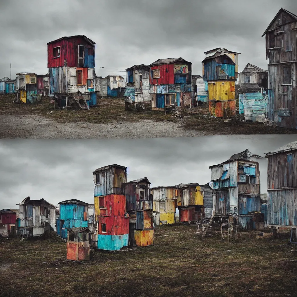 Image similar to a tower made up of colourful makeshift squatter shacks, bleached colours, moody cloudy sky, dystopia, mamiya, very detailed, photographed by cristina de middel