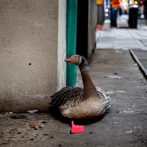Prompt: a goose encased in plastic, on a dirty street corner, neon