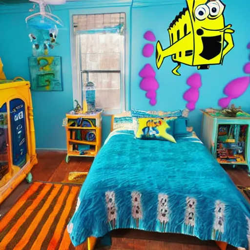 Prompt: underwater themed home interior inspired by SpongeBob the musical on broadway