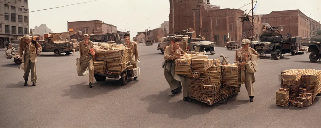 Prompt: transporting spaghetti boxes, world war 2, u. s. army, canon 5 0 mm, kodachrome, in the style of wes anderson, retro