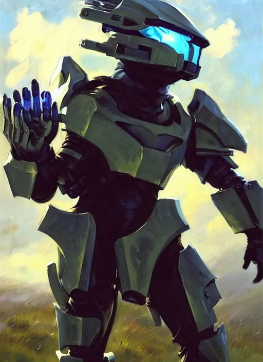 Prompt: Greg Manchess painting of a Corgi in a combination of Metroid Prime Armor and Forerunner Armor from Halo, countryside, calm, fantasy character portrait, dynamic pose, above view, sunny day, thunder clouds in the sky, artwork by Jeremy Lipkin and Giuseppe Dangelico Pino and Michael Garmash and Rob Rey, very coherent asymmetrical artwork, sharp edges, perfect face, simple form, 100mm