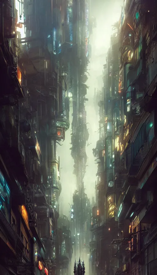 Image similar to hyper realistic cyberpunk city, in the shape of an s, black background, gnarly trees by tom bagshaw, mucha, gaston bussiere, craig mullins, j. c. leyendecker 8 k