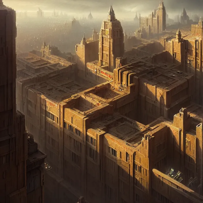 Image similar to matte painting by marc simonetti, jonathan solter, greg rutkowski of a small futuristic town, masterpiece, cinematic, hyperdetailed, photorealistic, hyperrealism, architecture, aerial view,