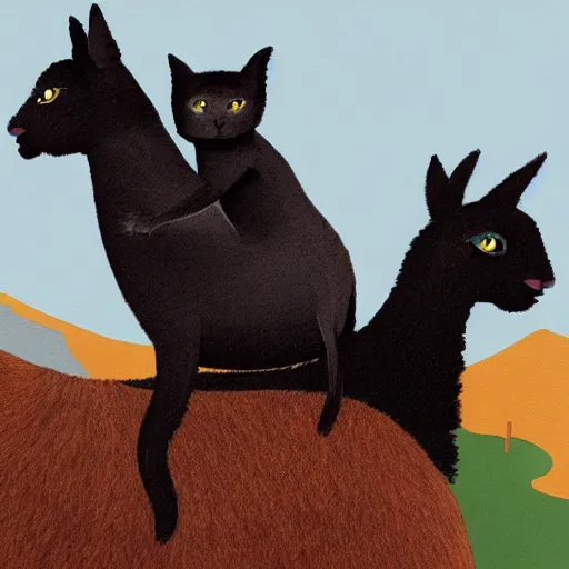 Image similar to two black cats riding on back of llama, andes, matte