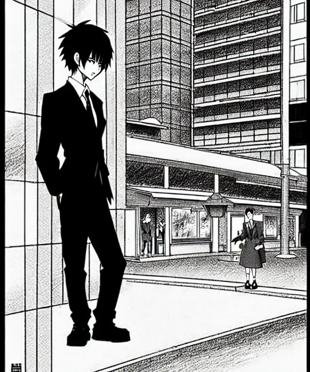 Image similar to A manga cover about a short-haired office solo worker standing on the sidewalk. Sharp high quality manga cover, fine details, straight lines, perfect faces, architecture in the background, masterpiece, shading, shadows, art, highly detailed drawing by Hirohiko Araki, Akatsuki Akira, Kentaro Miura