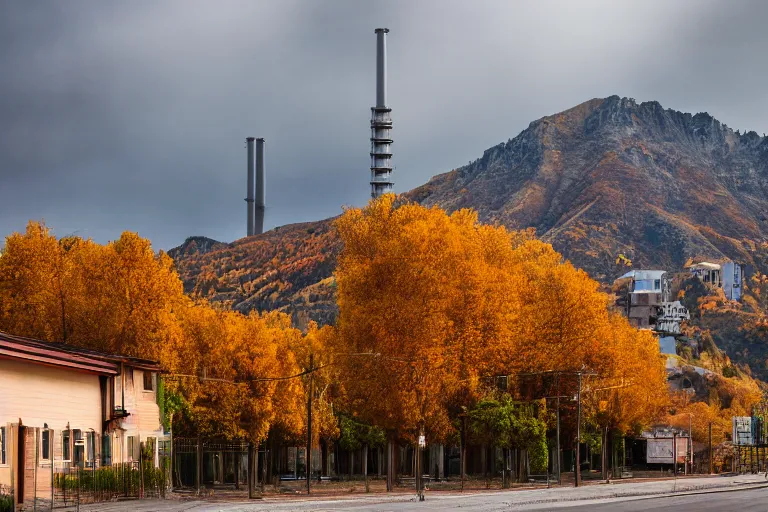 Image similar to warehouses lining a street, with an autumn mountain directly behind, radio tower on mountain, lens compressed, photography