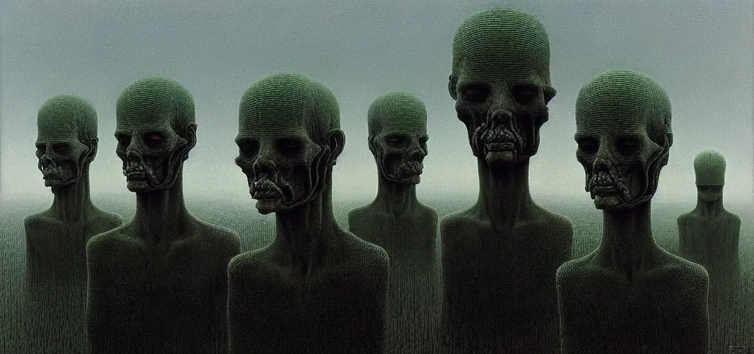 Image similar to highly detailed horror dystopian surreal painting of eerie head statues and buildings by zdzisław beksinski