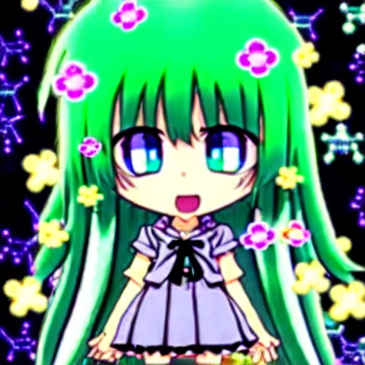 Image similar to a hologram of moe styled green haired yotsuba koiwai crossed fingers, wearing a gothic lolita decora spiked jacket, background full of lucky clovers and shinning stars, holography, irridescent