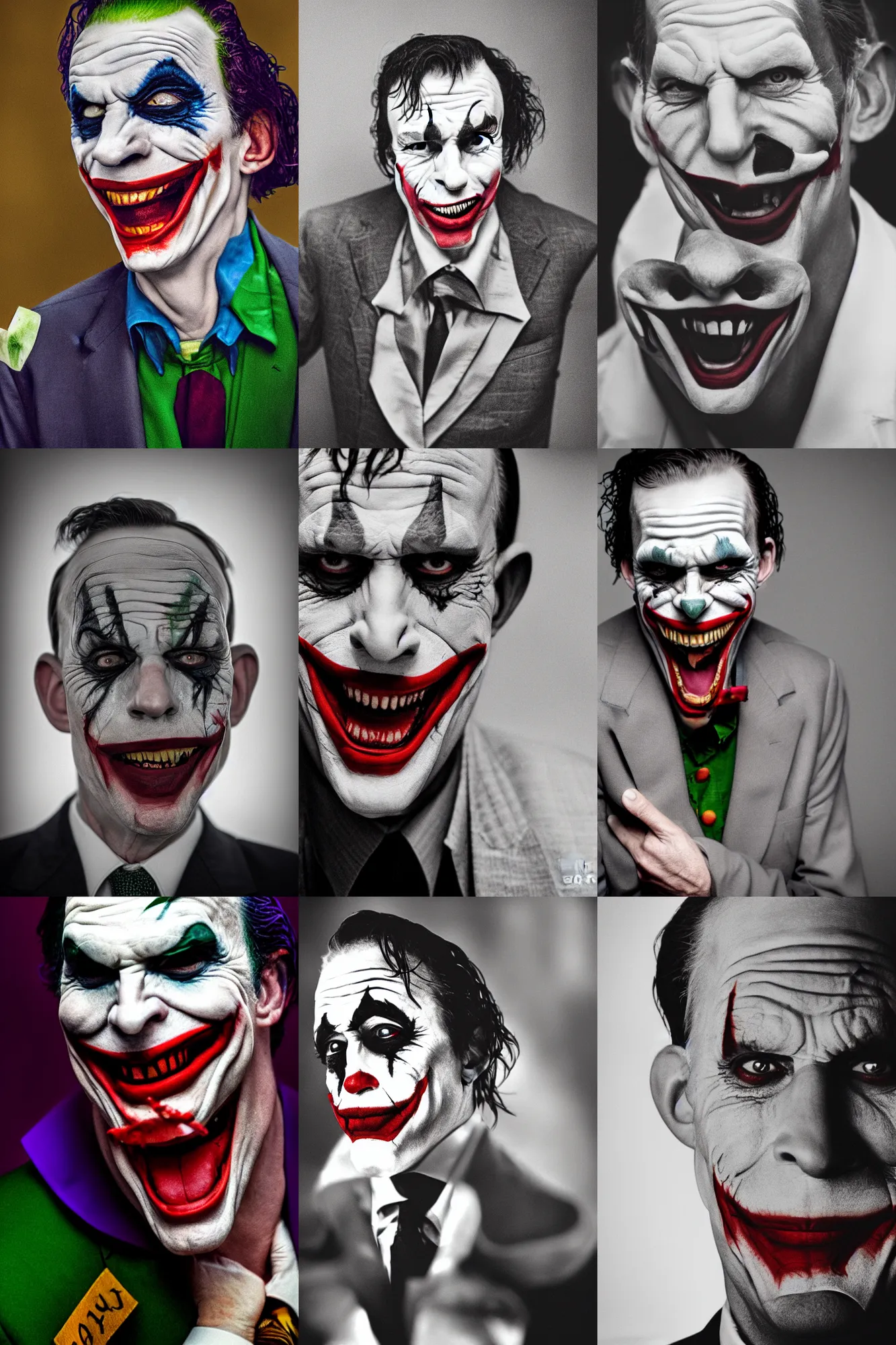 Prompt: Tony Abbott as the joker, portrait photograph, film grain