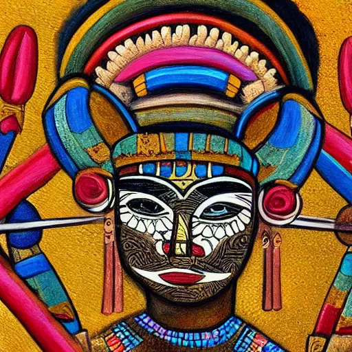 Prompt: detailed painting of a mayan warrior with a crossbow detail intricate exquisite colorful