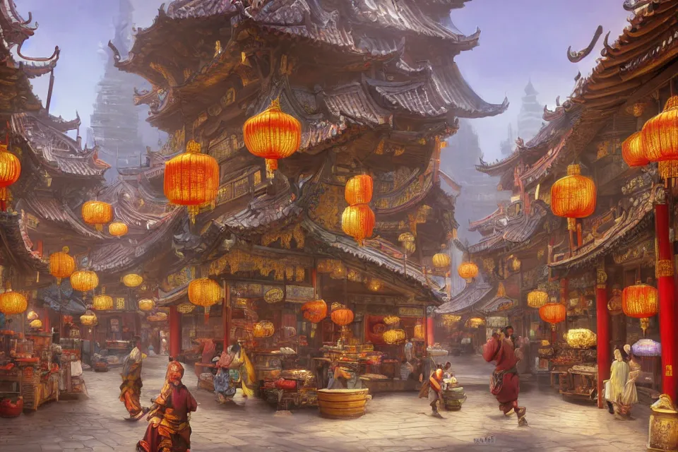 Image similar to an original game concept scene painting of an opulent marketplace street scene in chinese style ， super wide angle, magnificent and gorgeous atmosphere ， matte painting ， rtx on ， by moebius, neil blevins and jordan grimmer ， trending on cgsociety and artstation, unreal engine ， volumetric light ， surreal