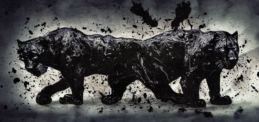 Image similar to a panther, made of tar, in a suburban backyard, sticky, full of tar, covered with tar, dripping tar, dripping tar, splattered tar, sticky tar. concept art, reflections, black goo, animal drawing