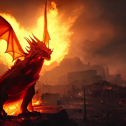 Image similar to a super realistic dragon that is on fire standing dramatically on a destroyed city, ultrawide shot, surreal, sharp focus, digital art, epic composition, concept art, dynamic lighting, intricate, highly detailed, 8 k, unreal engine, blender render