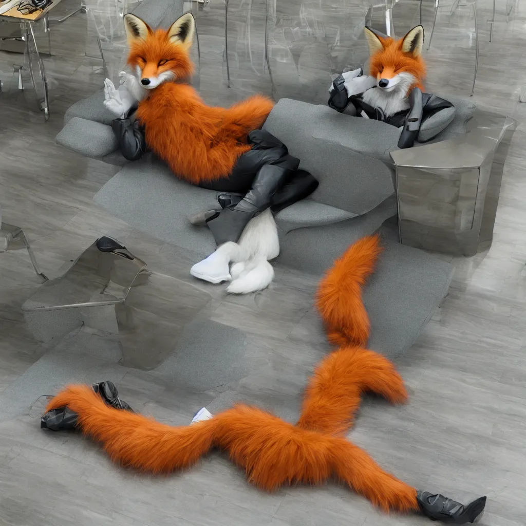 Prompt: anthropomorphic furry anthro fox lounging in a futuristic hotel