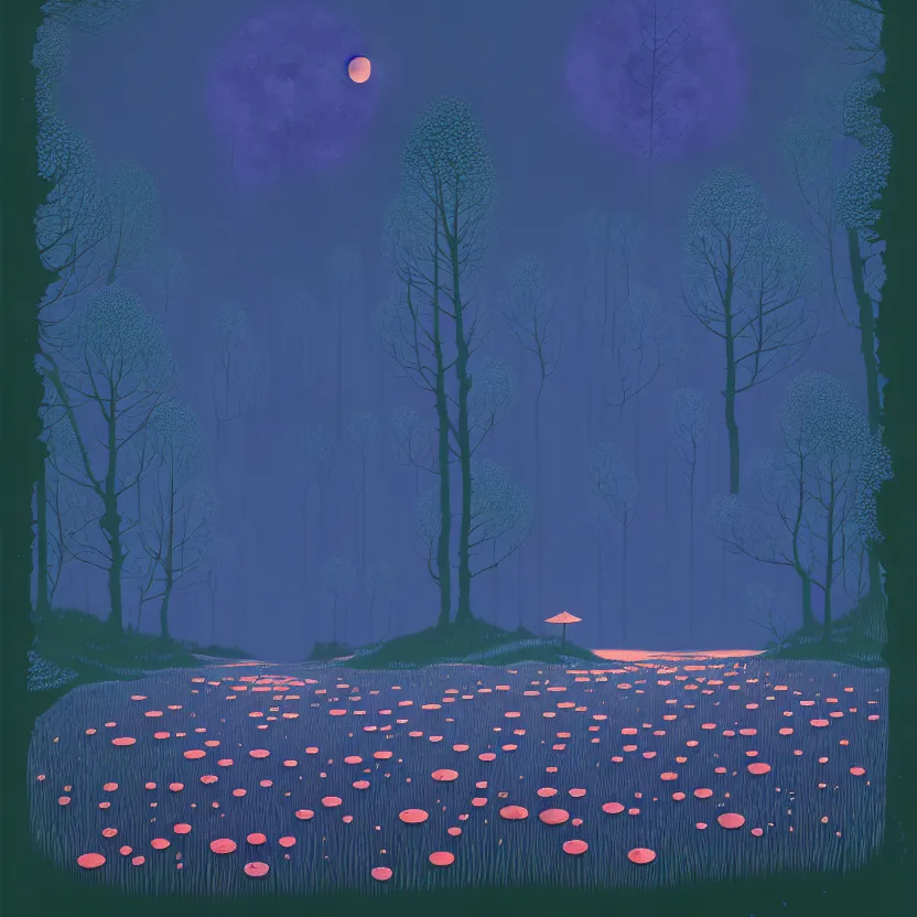 Image similar to ( ( ( gediminas pranckevicius ) ) ), a pond in the forest, moonlight, flower garden summer morning, very coherent and colorful high contrast art by simon stalenhag floralpunk screen printing woodblock, dark shadows, pastel color, hard lighting