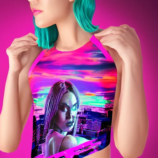 Image similar to realistic product mock up of a woman wearing an all over print crop top in the style of vaporwave and synthwave, 8 k realistic photo