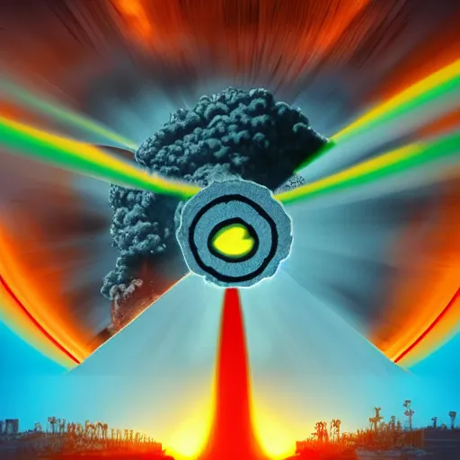 Prompt: a nuclear explosion merging into the shape of a peace sign, in the style of boris vallejo, highly detailed, dieselpunk, high quality, 8 k, path traced