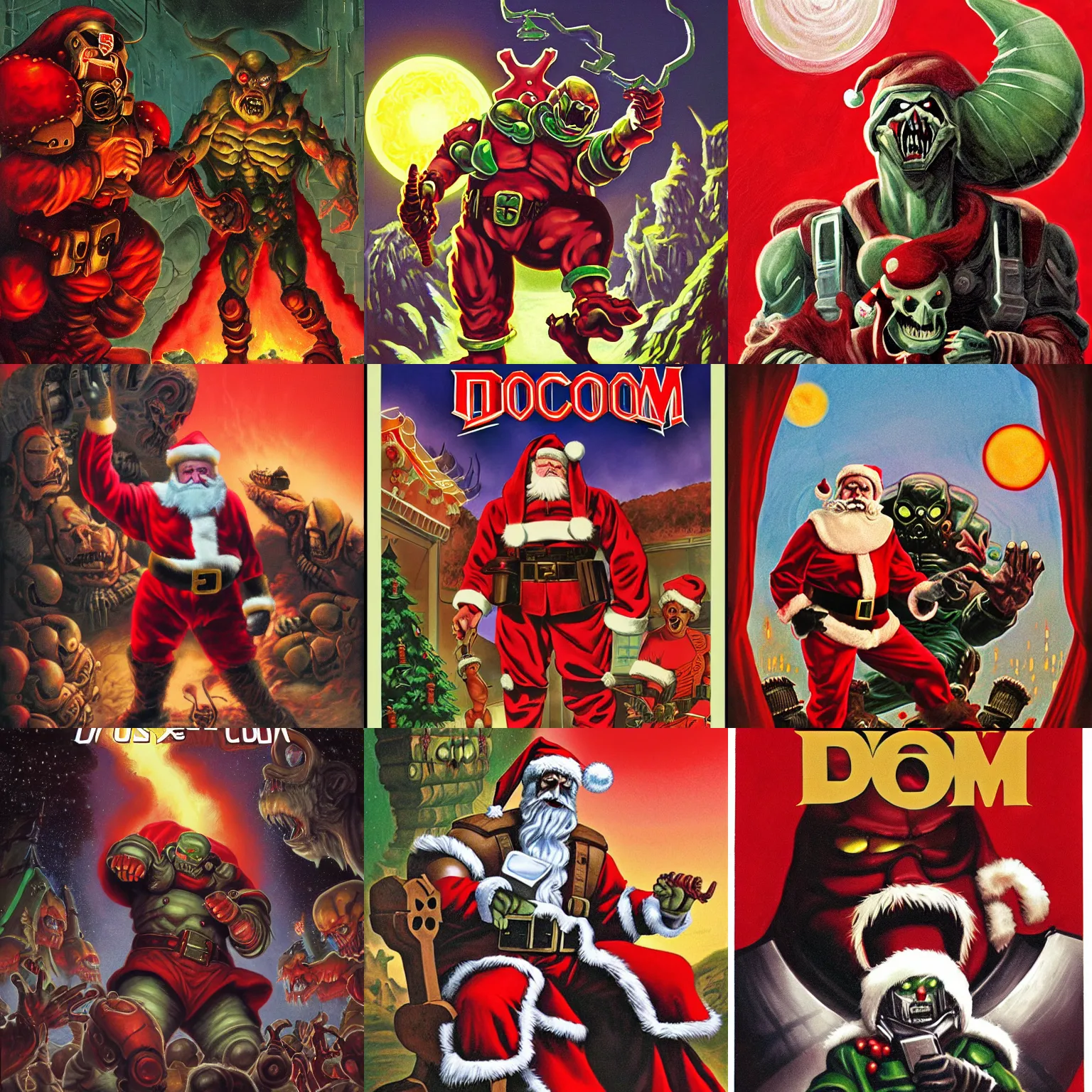 Prompt: doom cover with santa, by jimmy presler