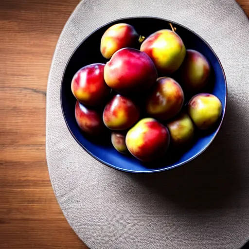 Image similar to photo of a thick porcelain bowl filled with a few moist freshly picked plums on a wooden table. volumetric lighting. 4 k. small scale. realistic. top down.