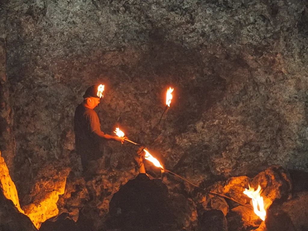 Prompt: one man bringing fire with torch into cave in darkness