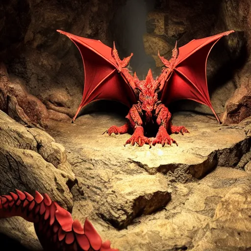 Prompt: photo of an ancient red dragon sitting menacingly in a cave, dungeons and dragons, detailed, 4 k