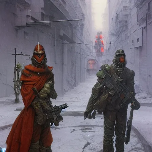 Prompt: portrait of futuristic soldiers squad on the art deco streets of the undying empire city of ya - sattra during the festival of masks, snow, winter, award - winning realistic sci - fi concept art by beksinski, bruegel, greg rutkowski, alphonse mucha, and yoshitaka amano