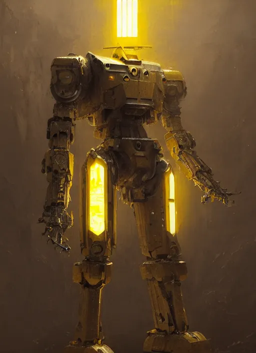 Image similar to human-sized strong intricate yellow pit droid carrying very detailed perfect antique great sword and beautiful large paladin shield, pancake short large head, exposed metal bones, painterly humanoid mecha, slightly far away, by Greg Rutkowski epic glorious trending on Artstation