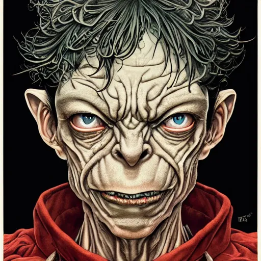 Image similar to portrait of gollum, symmetrical, by yoichi hatakenaka, masamune shirow, josan gonzales and dan mumford, ayami kojima, takato yamamoto, barclay shaw, karol bak, yukito kishiro