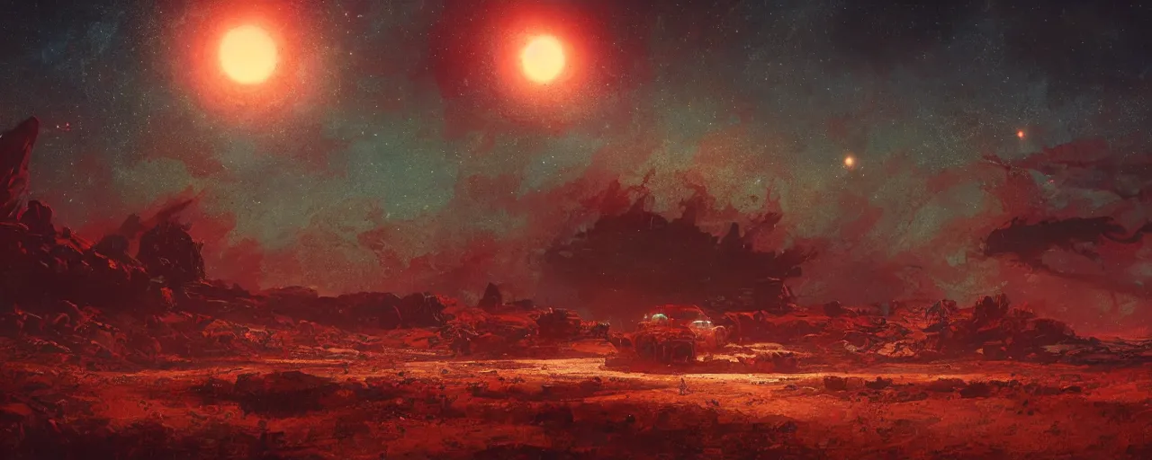 Image similar to ” barren landscape at night, [ cosmic, cinematic, detailed, epic, widescreen, opening, establishing, mattepainting, photorealistic, realistic textures, octane render, art by slop and paul lehr ] ”