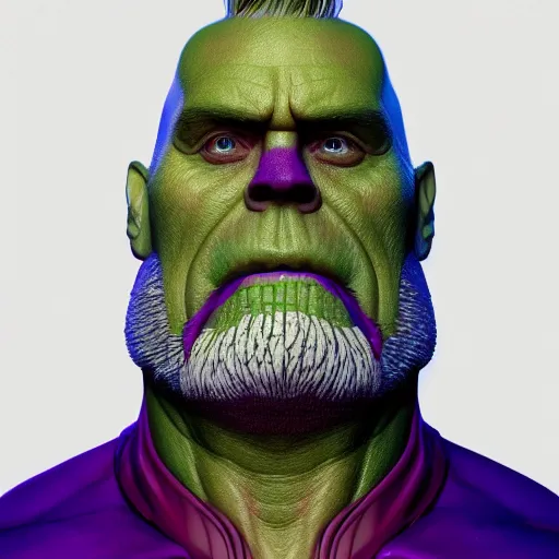 Image similar to Jim Carrey is Thanos, hyperdetailed, artstation, cgsociety, 8k