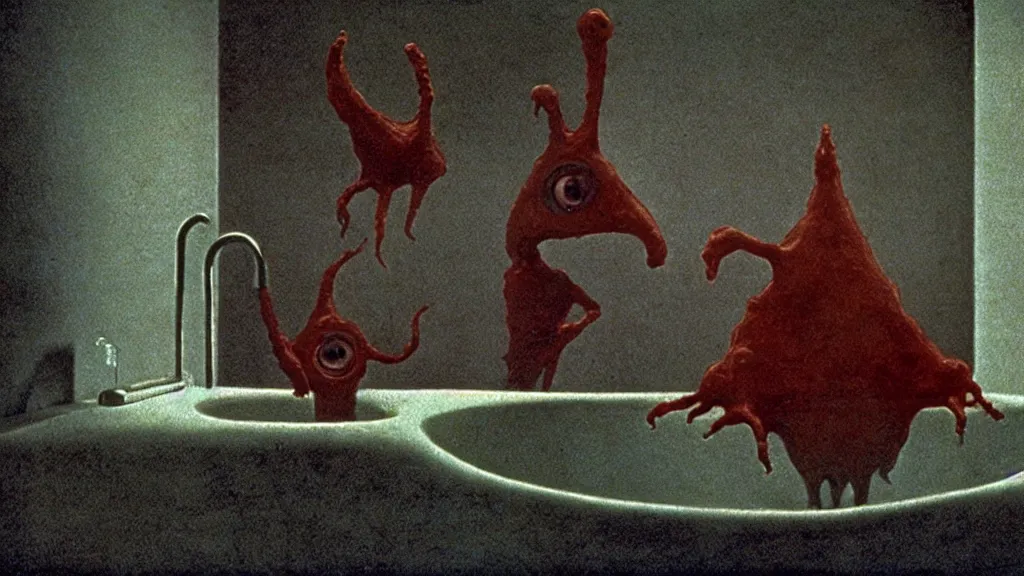 Image similar to the creature in the sink, they taunt me, film still from the movie directed by wes anderson and david cronenberg with art direction by salvador dali and zdzisław beksinski, wide lens