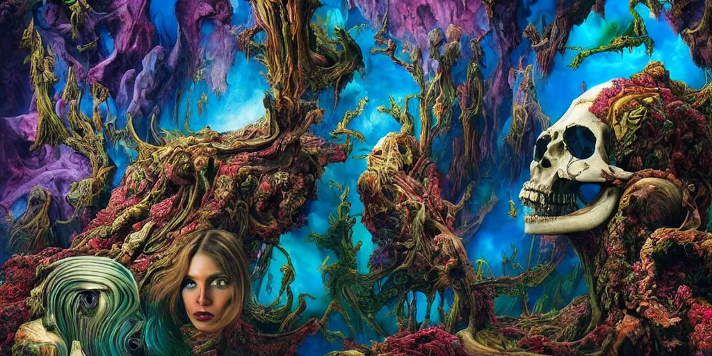 Image similar to ultrawide angle colour masterpiece surreal closeup portrait photography of mountain creature skull hybrid by annie leibovitz and michael cheval, incredible sense of depth and perspective and clarity, weird surreal epic psychedelic complex biomorphic 3 d fractal landscape in background by kilian eng and roger dean and giger and salvador dali and beksinski, 8 k