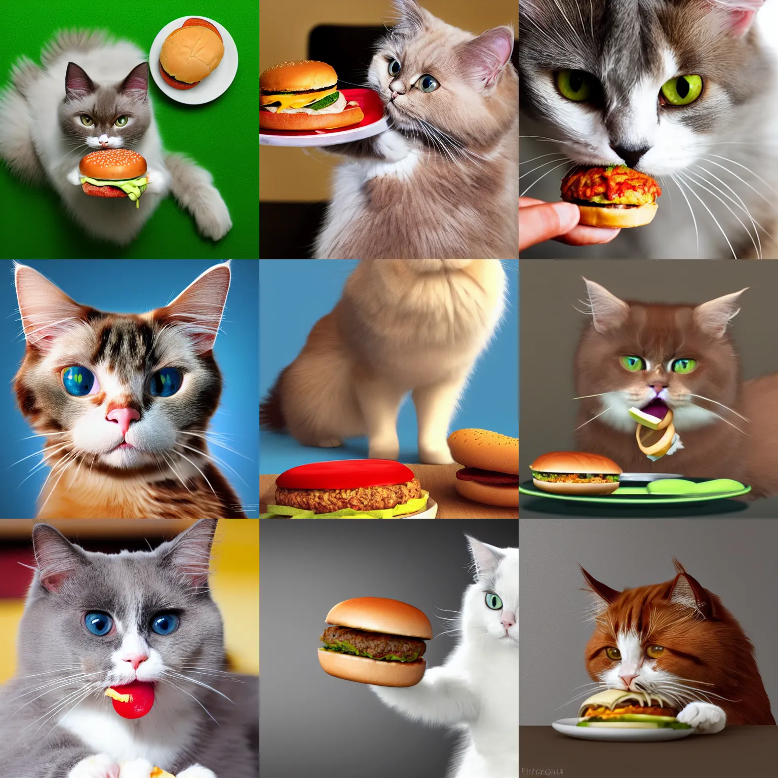 Prompt: a ragdoll cat is eating a hamburger, photorealistic, highly detailed, 4k, sharp