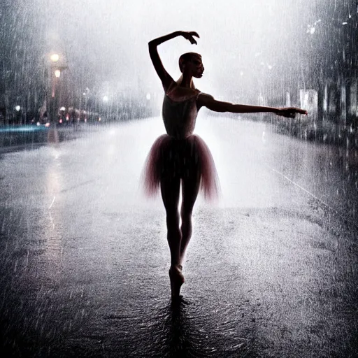 Image similar to portrait of a ballerina dancing in the rain, cinematic light and reflections, beautiful dreamy lighting,