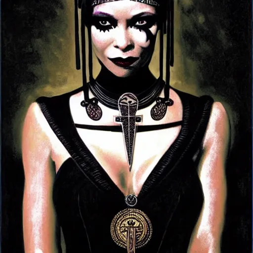 Image similar to thandiwe newton as the comic book character, death, a young and beautiful pale goth girl wearing a black vest and black punk hair, an ankh medallion hangs around her neck. dramatic makeup, the actress thandiwe newton, portrait by joshua middleton and coles phillips, kandinsky, egyptian iconography, film noir