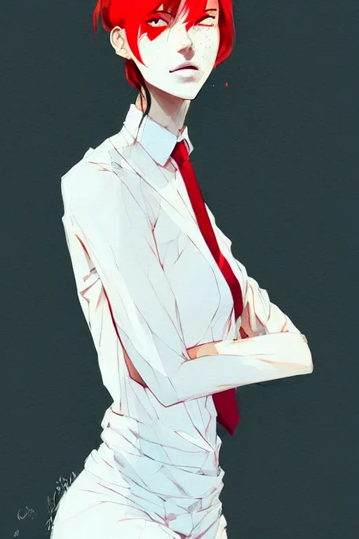 Image similar to a ultradetailed full body portrait of a woman dressed in a white shirt with a tie, by conrad roset, greg rutkowski and makoto shinkai trending on artstation