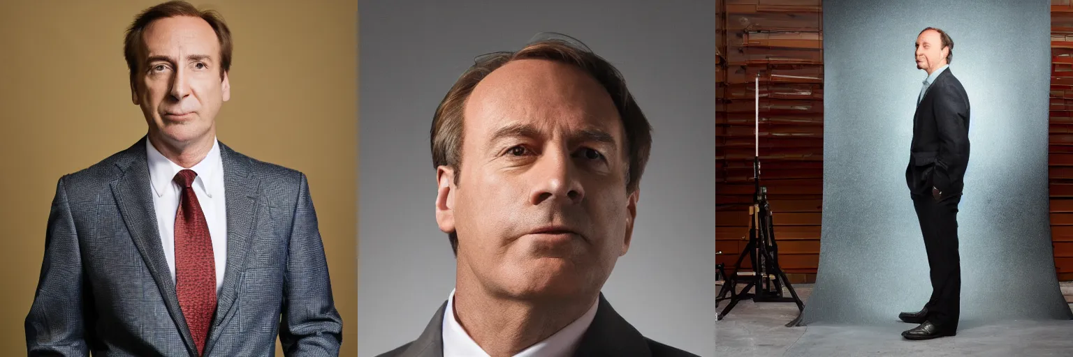 Prompt: Portrait photo of Saul Goodman, color, studio lighting