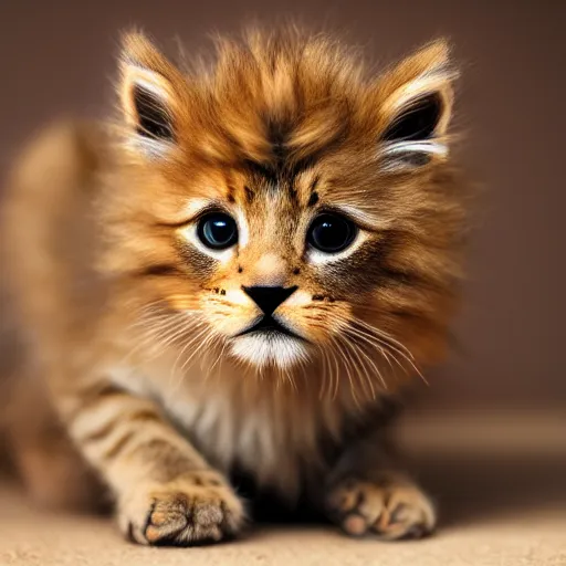 Prompt: cute kitten with a full lion's mane, photography, f / 1 6, 1 8 mm, soft lighting, 4 k, 8 k, high quality