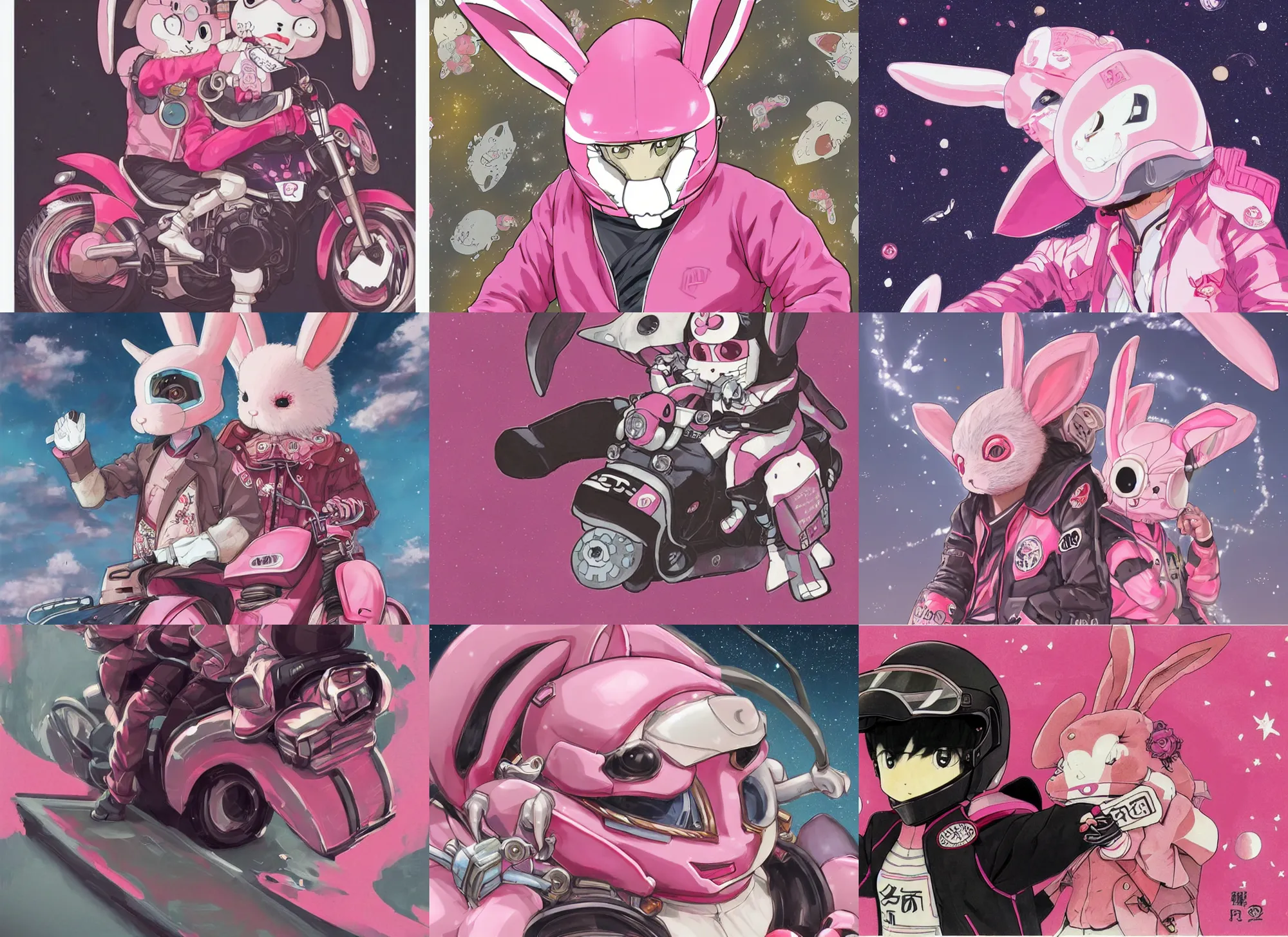 Prompt: official artwork of a half human yokai, motorcycle, helmet, anime pink rabbit wearing a letterman jacket, by Krenz Cushart, detailed art, many stars in the night sky, pink iconic character, 獣, yokai, wallpaper, bunny, large ears, けもの, male character, aesthetic, helmet, ghost, beast, motorbiker, rabbit, rabbit shaped helmet