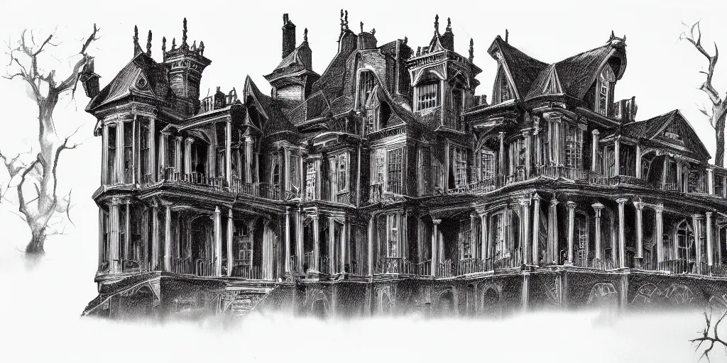 Prompt: technical drawing of a haunted mansion, hyper realistic, dramatic shadows, gothic